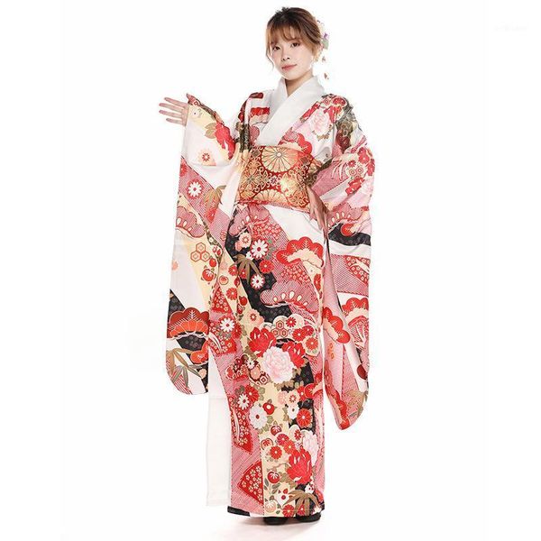 

shake sleeve women's kimono yukata set oversized printed flower japanese traditional stage performance clothes satin costumes ethnic cl, Red