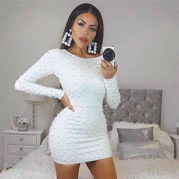 

autumn white beaded dresses women o-neck long sleeve bodycon mini dress party club vestidos 210524, Black;gray