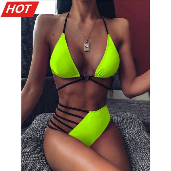 

neon yellow pink asymmetrical bikini high waist swimsuit women swimwear set halter bather bathing suit v1810 women's, White;black