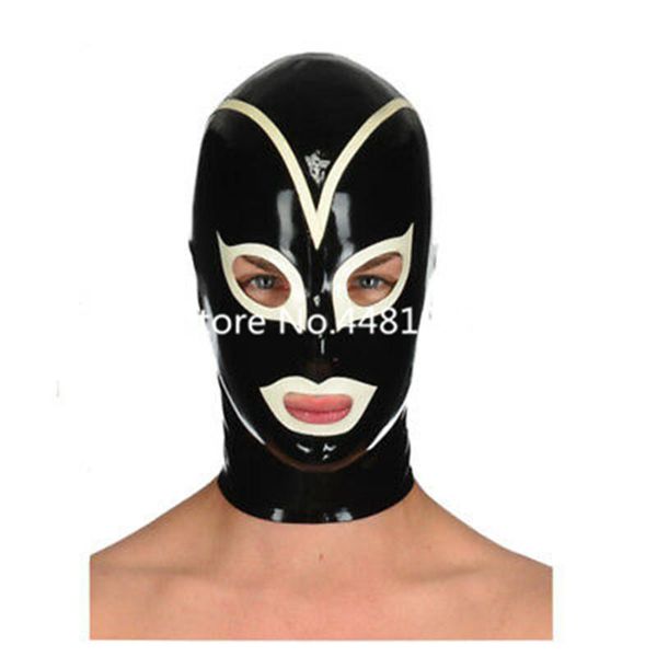 

party masks latex hood mask black with white trim rubber cosplay clubwear gummi 0.4mm back zipper
