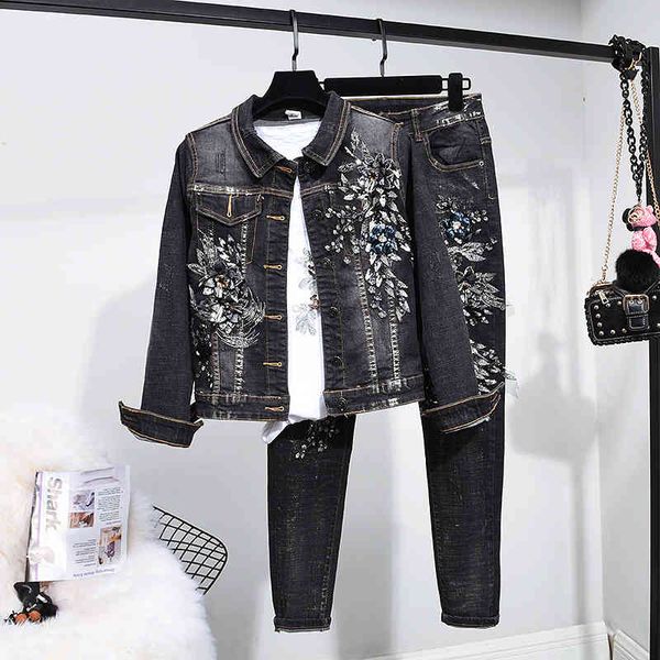 

women's two piece pants spring jeans 2pc female beading flower denim jacket long set plus size loose women outfits streetwear tvg8, White
