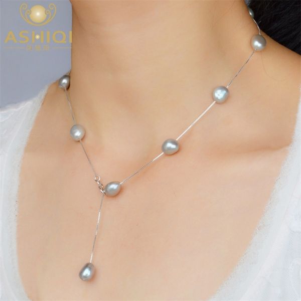 Ashiqi Real S925 Стерлинговое серебро Природное Пресноводное Жемчужное Ожерелье Серый Белый 8-9 мм Барочные Украшения для Женщин 210721