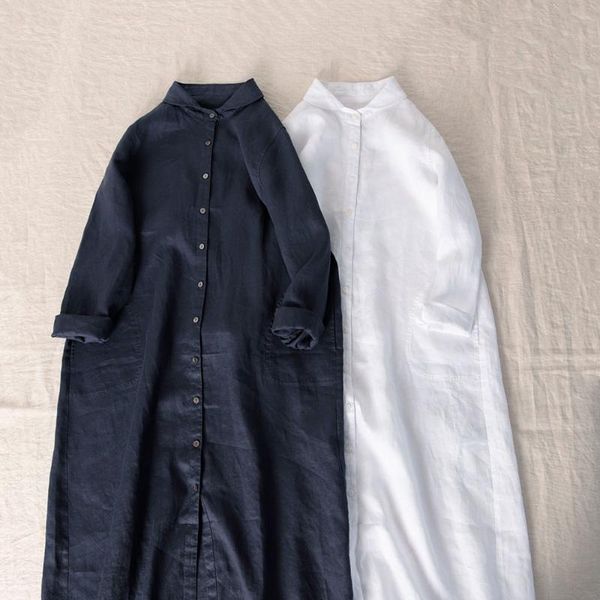 

casual dresses pure linen long sleeve shirt dress age reduction baby collar extended sunscreen cardigan 2021 spring and summer female 295, Black;gray