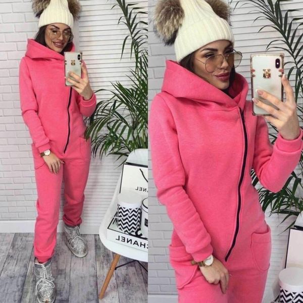

women's two piece pants autumn and winter hooded casual sports fleece one-piece suit zipper hoodie loose jumpsuit trousers warm home cl, White