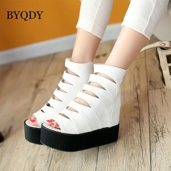 

boots byqdy fashion narrow band woman open toe height increasing platform wedges shoes hollow leather summer with zipper, Black