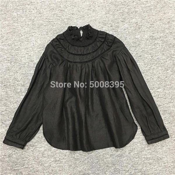 

[elfstyle] - elfwish white black linen blouse stand ruffled collar hollow out detail long sleeves fashion woman women's blouses & shir