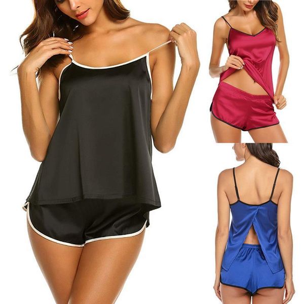 

satin shirt sleeve nightwear womens sleepwears spaghetti strap nighties sleeveless cami pajama sets loungewear lingerie, Black;red