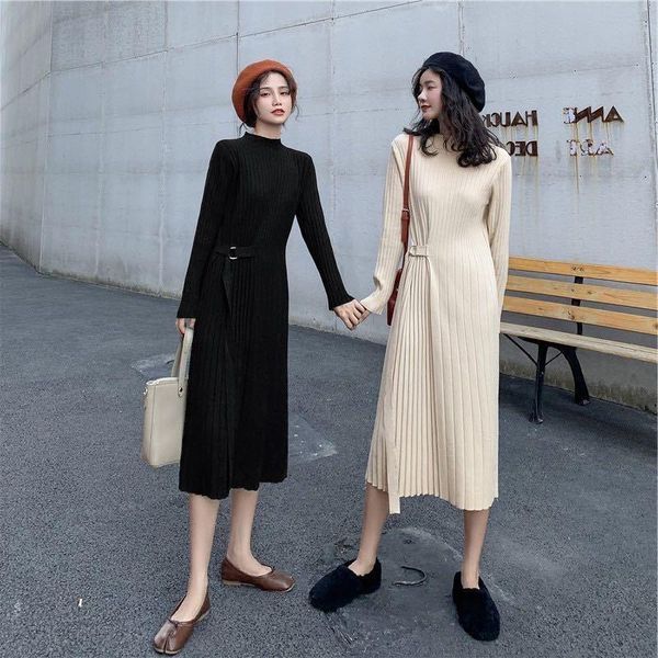 

casual dresses women 2021 autumn winter solid color bottoming dress female long knitted sweater ladies o-neck loose vestidos v576, Black;gray
