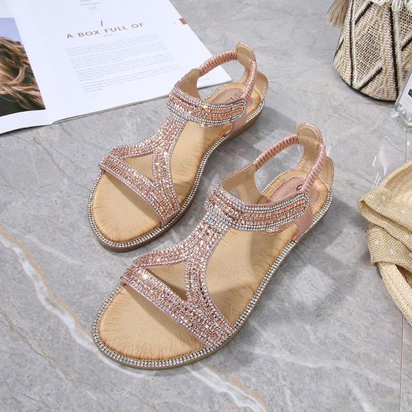 

sandals flat woman 2021 summer female fashion ankle strap non-slip wild sweet rhinestone women big size 35-42, Black