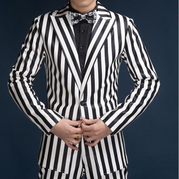 

men's fur & faux shopping black and white striped suit small slim korean version / s-2xl