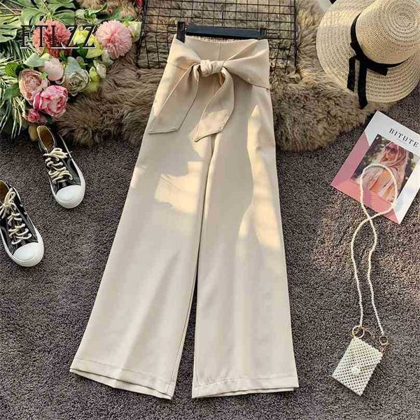 

women pants summer vintage bow bandage elastic high waist pleated wide leg korean clothes 210525, Black;white