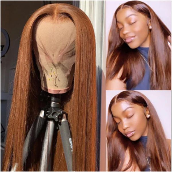 

preplucked brown colored silky straight remy 13x6 lace front human hair wigs with baby 4*4 silk base bleached knots1, Black;brown