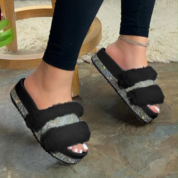 

furry slippers women summer 2021 casual crystal rhinestone bling outdoor wild flat female fluffy home flip flop slides, Black