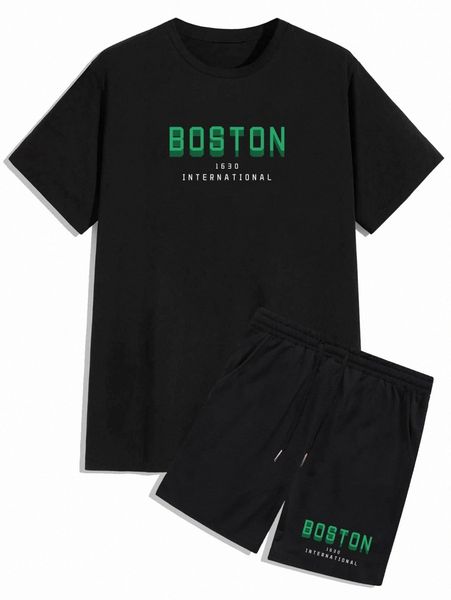 

romwe guys letter graphic tee & drawstring shorts p1if#, Gray
