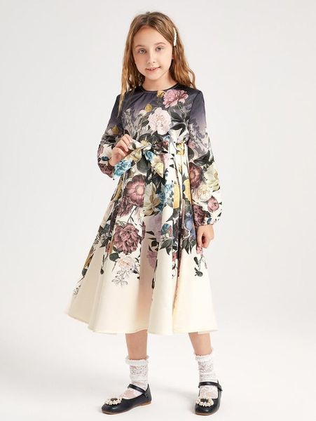 

girls floral print lantern sleeve belted dress she01, Red;yellow