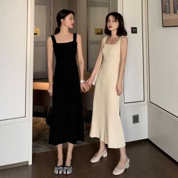 

casual dresses women long dress winter autumn backless white black ruched slip sundresses 2021 ladies pleated spaghetti strap clothes, Black;gray