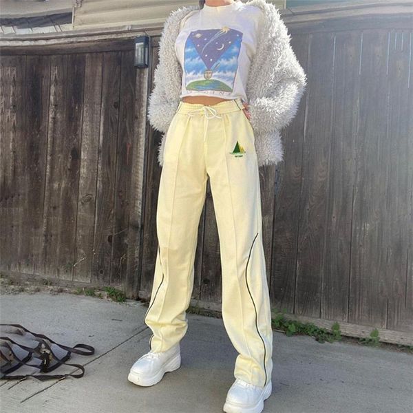 

women's jeans streetwear casual embroidery elastic waist vintage baggy straight denim trouser mom wide leg pants 2021, Blue