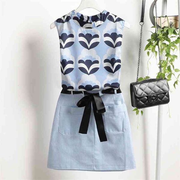 

summer sweet korean fashion two piece set women sleeveless print shirt blouse + mini skirts sets suits ensemble femme 210514, White