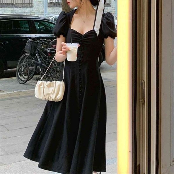 

summer clothes korean women dress short sleeve vintage midi casual split design elegant party french, Black;gray