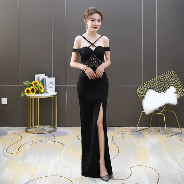 

luxury prom dresses black female 2021 fishtail host elegant one shoulder banquet evening