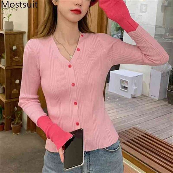 Color-bloqueado de malha de cardigan mulheres manga completa em v-pescoço único camisola de breasted tops moda coreano plus size jumpers femme 210513