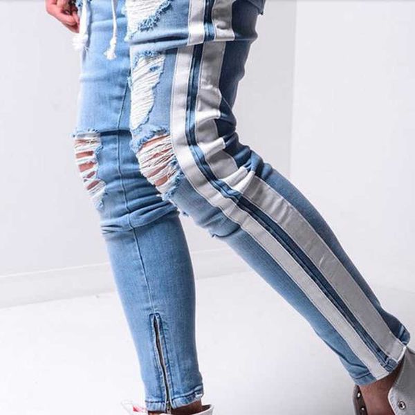 Homens Skinny Rasgado Jeans Hip Hop Primavera Outono Listrado Streetwear Casual Lápis Calças Denim Roupas Masculino Vaqueros Hombre X0621