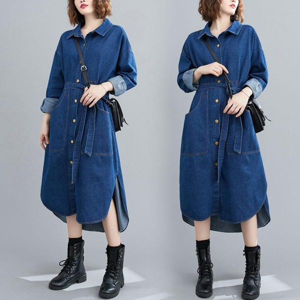 

stitching big pockets washed denim dress plus size women's lace up waist irregular shirt autumn oversized jeans robes y517 casual dress, Black;gray