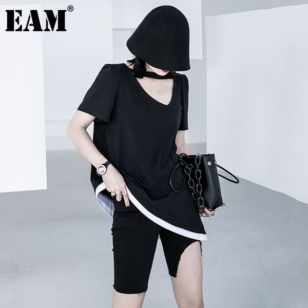 

[eam] women hollow out asymmetrical patchwork casual t-shirt v-neck short sleeve fashion loose summer 1dd7534 21512, White