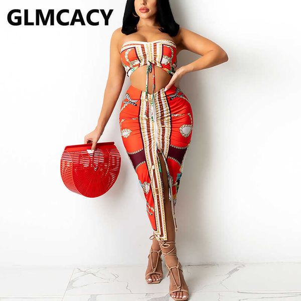 

two piece vinatge chain printed suits tube & slit maxi skirt set 210702, White
