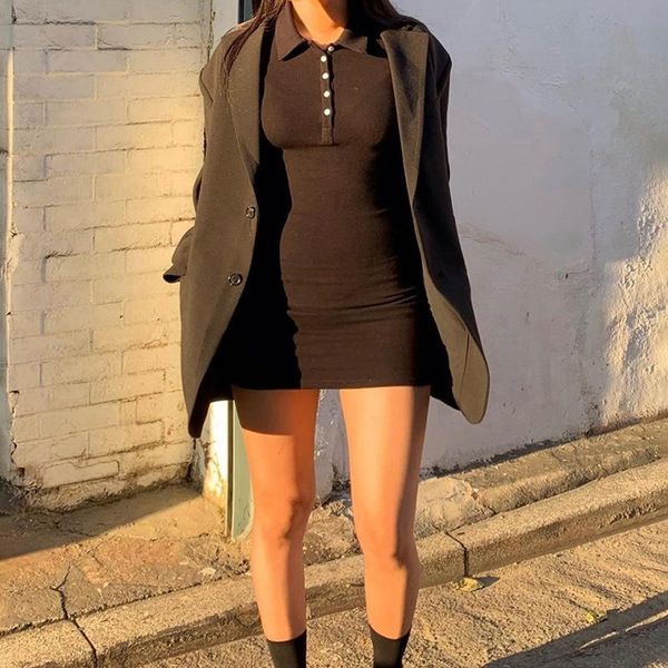 

casual dresses hirigin women fashion solid color short dress button lapel long sleeve skinny streetwear outfit, Black;gray