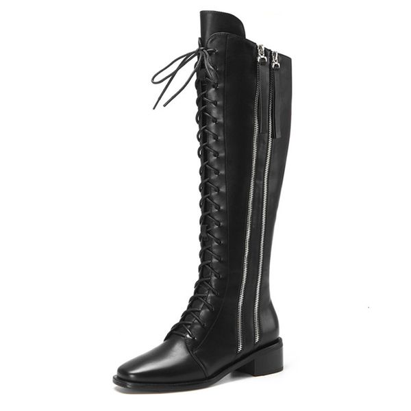 

asumer sell warm women's winter shoes knee high cross tied zip low leather boots genuine woman, Black