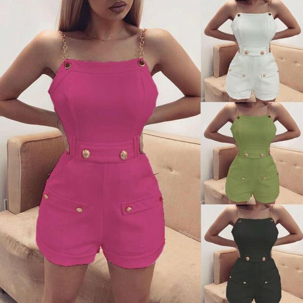 

women's jumpsuits & rompers plus size 2xl chain sling button front pocket detail romper women summer sleeveless straps candy color nigh, Black;white