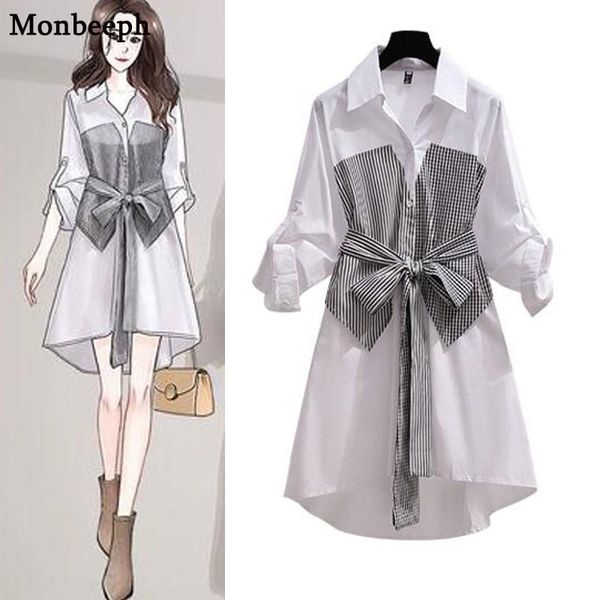 

monbeeph women stripe shirt chiffon dress long sleeve plus size casual vestidos waist lacing dresses, Black;gray