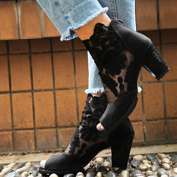 

shallow mouth shoes nightclub fish taiwan spring and summer mesh coarse heels lace with super fine waterproof pu sandals, Black