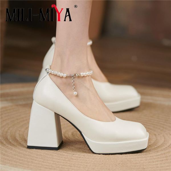 

dress shoes mili-miya concise beading women pumps fashion square toe genuine leather platforms thick heels pearl party sliver, Black