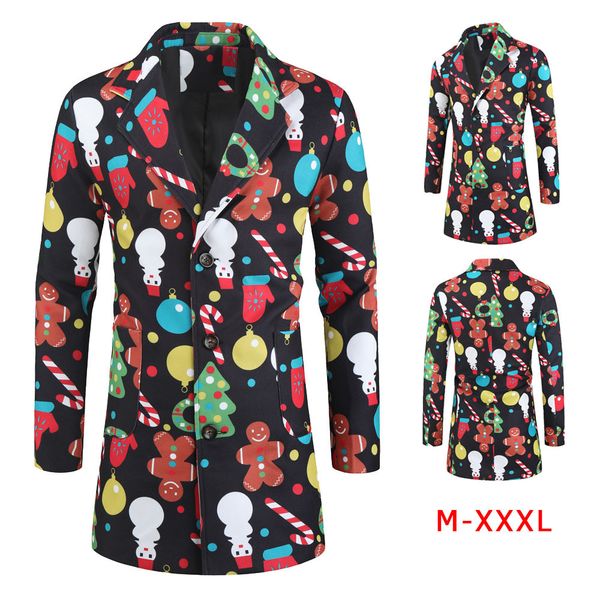 

fashion trench coat men's 3d digital christmas snowman print, Tan;black