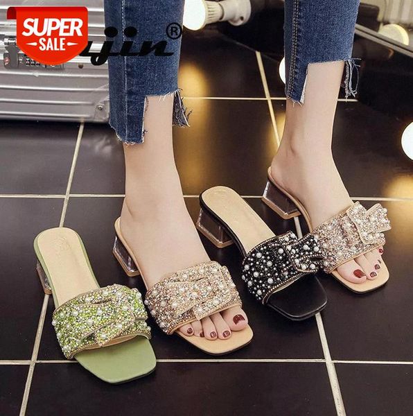 

fujin square toe women summer shoes slides rhinestone mid heel slippers sandals bling fashion pearl ins #qu0r, Black