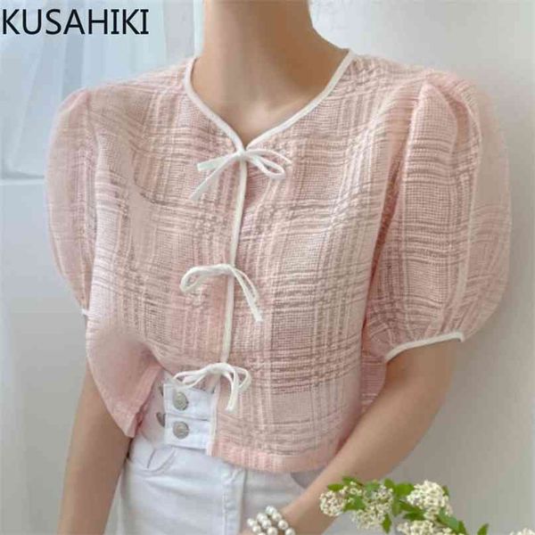 

chic bow tie blouse shirt korean puff sleeve o-neck womens summer sweet short blusas de mujer 6j003 210603, White