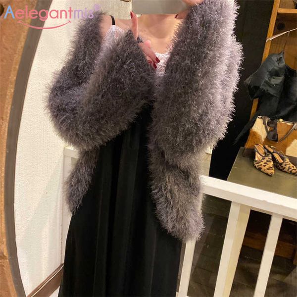 Aelegantmis Flauschige stilvolle Mohair Pullover Strickjacke Frauen elegante einfache weiche warme koreanische weibliche pelzige Design 210607