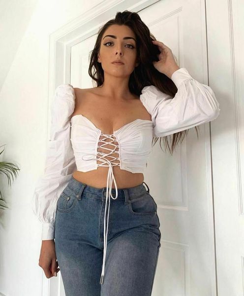

women princess puff sleeve blouses hollow out white shirts front bandage crop casual solid long sleeves women's