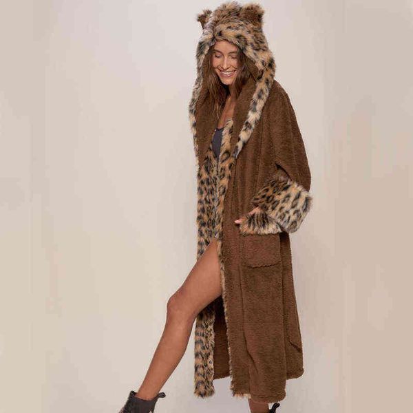 

warm lamb fur coat leopard print women's hoodie cartoon plush with ears imitation 211207, Black