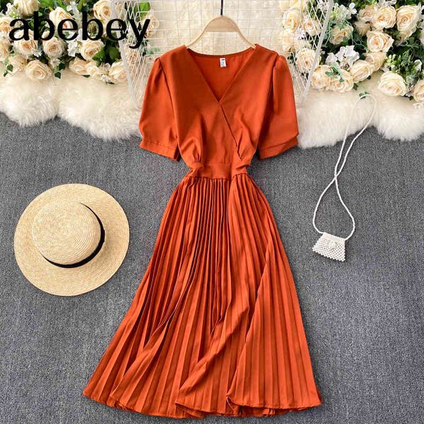 

women elegant solid pleated dress summer v neck puff sleeve a-line office es korean fashion streetwear midi 210512, Black;gray