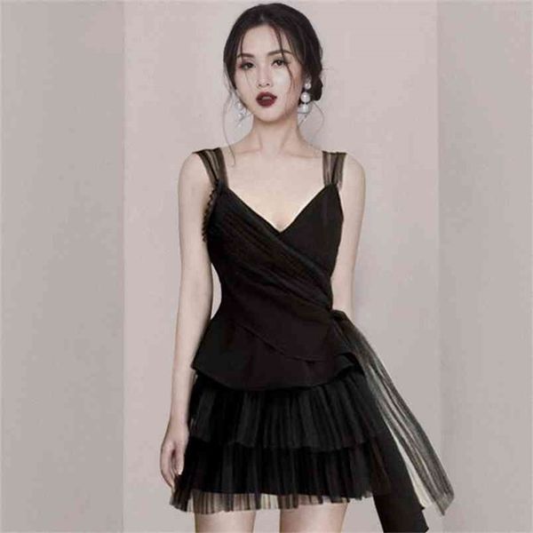 

vintage elegant gothic dresses women ruffles mesh patchwork spaghetti strap dress corset lace up zipper vestidos 210603, Black;gray