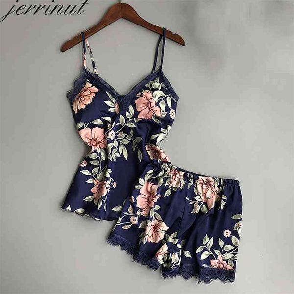 Jerrinut Mulheres Sleepwear Pijamas de Seda Conjunto de Nightgowns Sexy Lingerie Summer Satin Lace Mangeles Home Wear com Pad Pad 210809