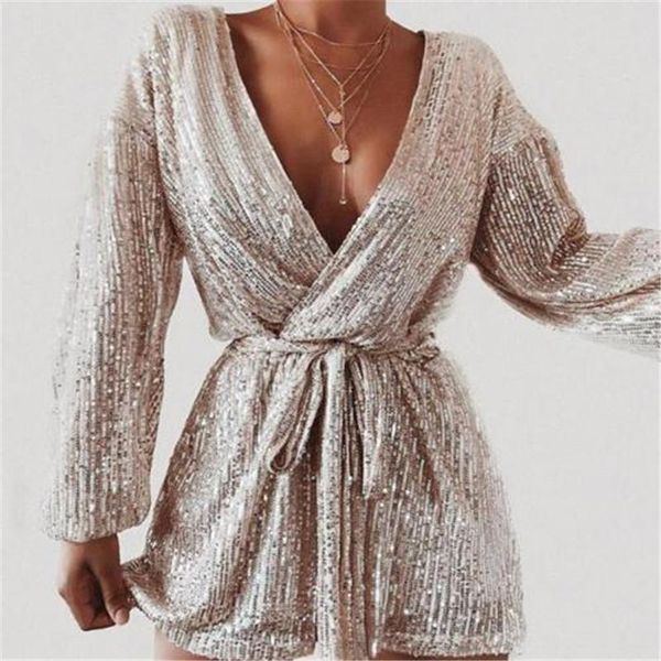

women's jumpsuits & rompers women sequins jumpsuit female romper shiny sparkle lady long sleeve bodycon playsuit with belt party clubwe, Black;white