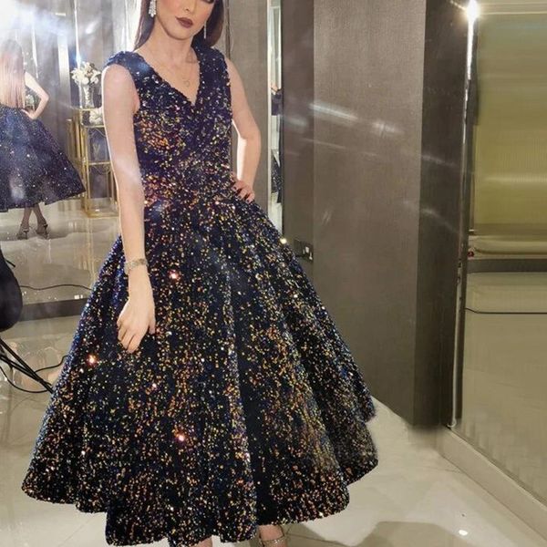 

charming v-neck 2019 ball gown tea length women evening dresses shining sequined backless celebrity dresses beaded plus size prom, Black