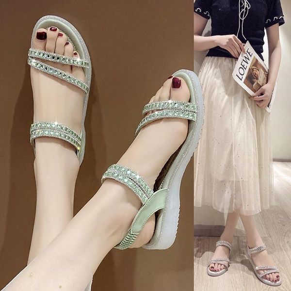

sandals women summer fashion women's 2021 crystal elastic band flat sandles for platform shoes casual, Black