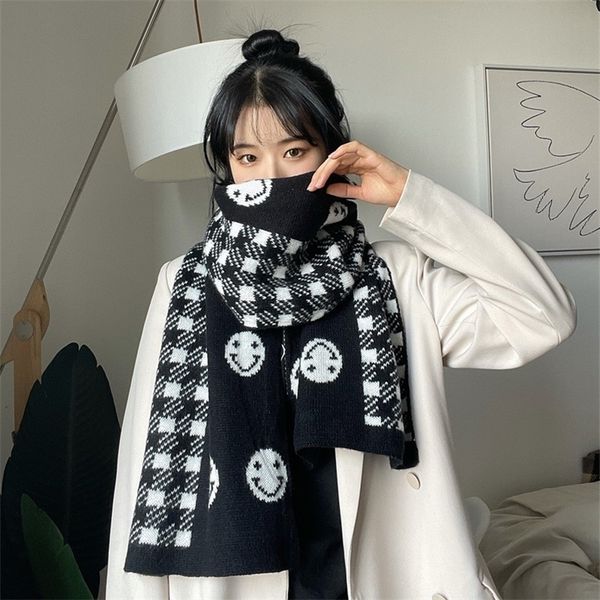 

double sided smiling face scarf women thickened warm korean version versatile winter wool knitting cute fashion bib man, Black