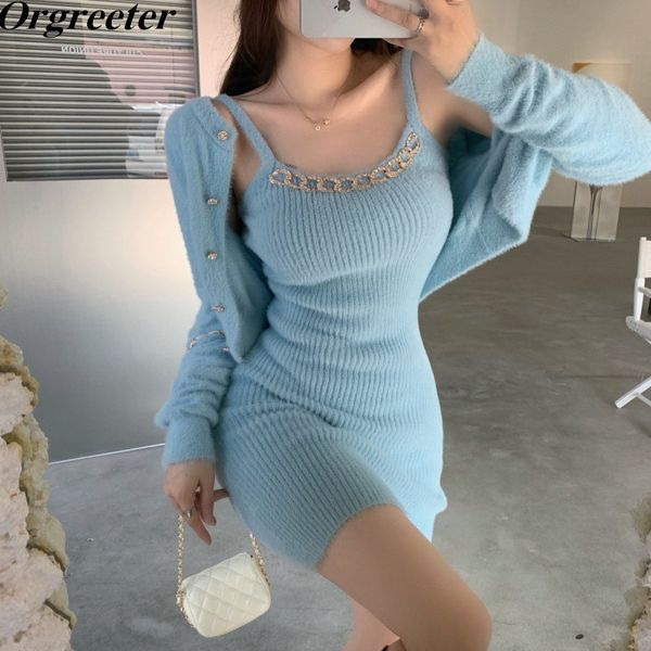 

furry mink fleece sets female spring short sweater cardigan jacket +rhinestone chain deco bodycon mini suspender dress 210525, White