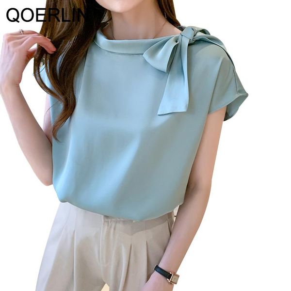 

women's blouses & shirts qoerlin s-2xl fashion 2021 summer elegant short sleeve t shirt women office ladies bandage workwear blusa muje, White